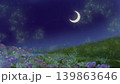 花畑の上に三日月が浮かぶ夜空、夢のような風景の背景 139863646