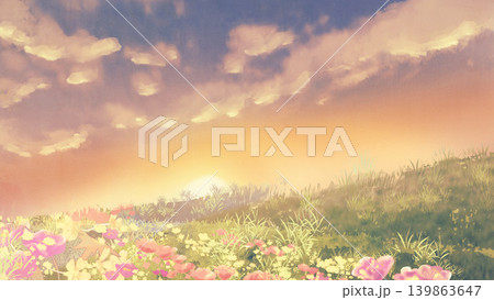 花畑に沈む夕日、暖かい夕空の背景風景 花畑に沈む夕日、暖かい夕空の背景風景 139863647