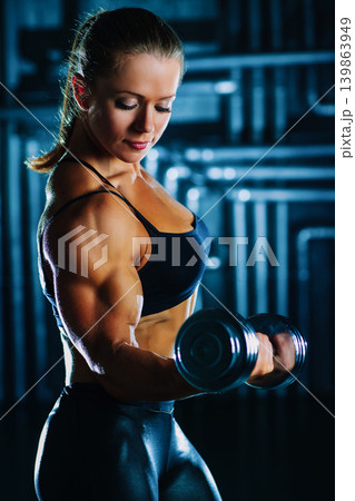 Young sports woman with dumbbell portrait Young sports woman with dumbbell portrait 139863949