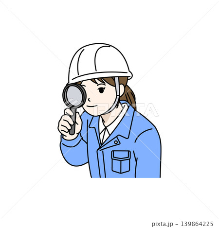 女性作業員 ヘルメット 点検 チェック 虫眼鏡 品質管理 イラスト  139864225