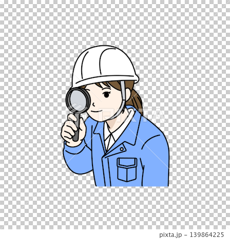 女性作業員 ヘルメット 点検 チェック 虫眼鏡 品質管理 イラスト  139864225