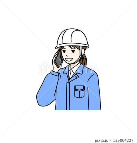 女性作業員 ヘルメット 電話 報告 連絡 ビジネス イラスト 139864227