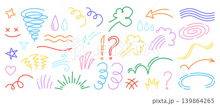 Hand drawn comic doodle element set cartoon emoji shock emotions shape crayon anime expression marks 139864265