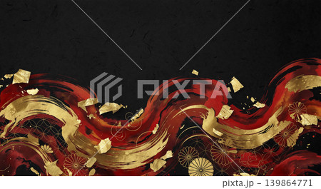 下部に深紅と金の力強い筆跡と七宝・菊模様を配した黒和紙俯瞰背景 下部に深紅と金の力強い筆跡と七宝・菊模様を配した黒和紙俯瞰背景 139864771