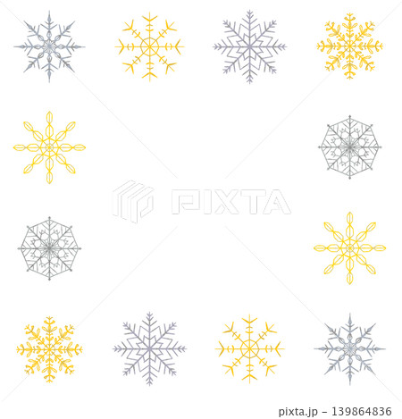 シルバーとゴールドの雪の結晶 四角形フレーム装飾イラスト 背景透過 139864836