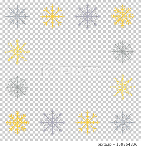シルバーとゴールドの雪の結晶 四角形フレーム装飾イラスト 背景透過 139864836