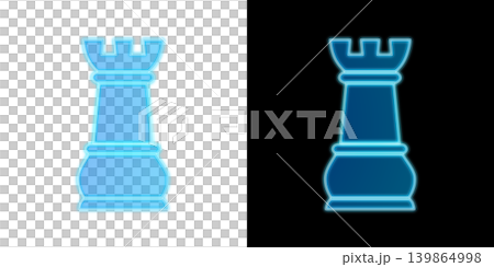 Shining blue neon chess rook, transparent and black background castle piece icon material Shining blue neon chess rook, transparent and black background castle piece icon material 139864998