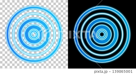 Concentric circles of glowing blue neon, transparent and black backgrounds, abstract circle material with radar wave effect. Concentric circles of glowing blue neon, transparent and black backgrounds, abstract circle material with radar wave effect. 139865001