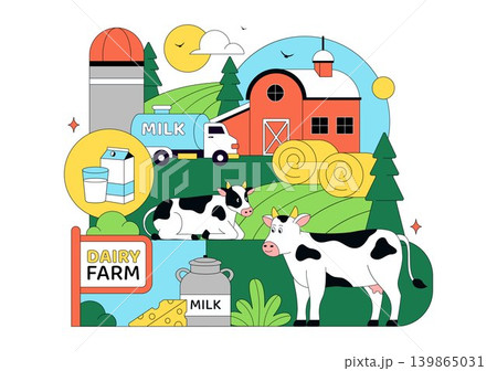 Daily Farm Vector Illustration Featuring Dairy Cattle, Fresh Milk Production, Rural Agriculture Landscape and Organic Farming Design 139865031