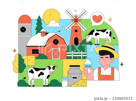 Daily Farm Vector Illustration Featuring Dairy Cattle, Fresh Milk Production, Rural Agriculture Landscape and Organic Farming Design Daily Farm Vector Illustration Featuring Dairy Cattle, Fresh Milk Production, Rural Agriculture Landscape and Organic Farming Design 139865033