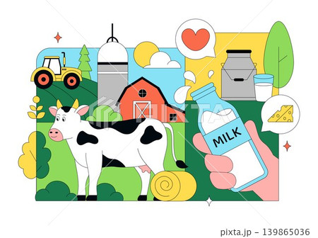 Daily Farm Vector Illustration Featuring Dairy Cattle, Fresh Milk Production, Rural Agriculture Landscape and Organic Farming Design Daily Farm Vector Illustration Featuring Dairy Cattle, Fresh Milk Production, Rural Agriculture Landscape and Organic Farming Design 139865036