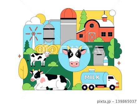 Daily Farm Vector Illustration Featuring Dairy Cattle, Fresh Milk Production, Rural Agriculture Landscape and Organic Farming Design Daily Farm Vector Illustration Featuring Dairy Cattle, Fresh Milk Production, Rural Agriculture Landscape and Organic Farming Design 139865037