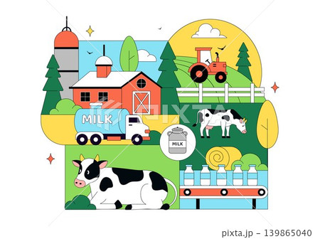 Daily Farm Vector Illustration Featuring Dairy Cattle, Fresh Milk Production, Rural Agriculture Landscape and Organic Farming Design 139865040