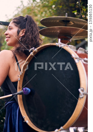 Detail of a musical instrument, bass drum and cymbals belonging to a chinchinera, a female street musician who dances and plays her drum in the streets. Chilean heritage, Chilean culture 139865130
