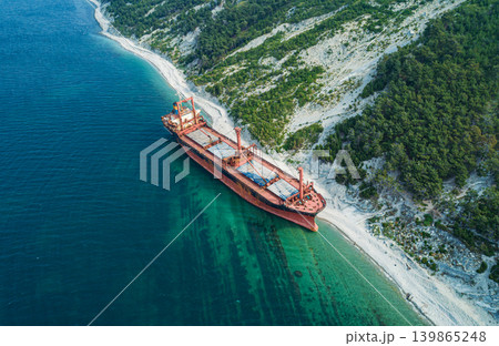 Stranded bulk carrier resting on a rocky shore beside a vibrant green forested hillside during daytime 139865248