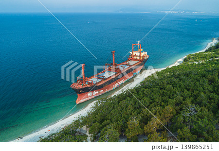 Stranded bulk carrier resting on a rocky shore beside a vibrant green forested hillside during daytime 139865251