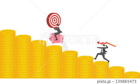Businessman throwing red downward trend arrow at competitor riding piggy bank holding target on decreasing stacks of golden coins bar chart background for financial investment risk loss Businessman throwing red downward trend arrow at competitor riding piggy bank holding target on decreasing stacks of golden coins bar chart background for financial investment risk loss 139865473