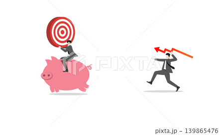 Businessman throwing red downward trend arrow graph at competitor riding pink piggy bank holding target bullseye on white background for market financial loss and asset rebalancing Businessman throwing red downward trend arrow graph at competitor riding pink piggy bank holding target bullseye on white background for market financial loss and asset rebalancing 139865476