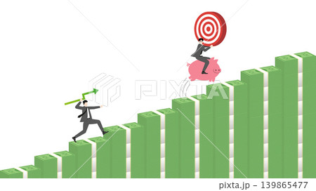 Businessman throwing green growth arrow graph at competitor riding piggy bank holding target on rising stacks of dollar banknotes green bar chart background for investment wealth profit Businessman throwing green growth arrow graph at competitor riding piggy bank holding target on rising stacks of dollar banknotes green bar chart background for investment wealth profit 139865477