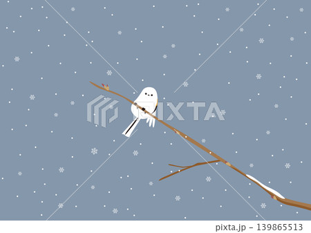 雪が降っている曇り空、枝に止まっているシマエナガのイラスト 139865513