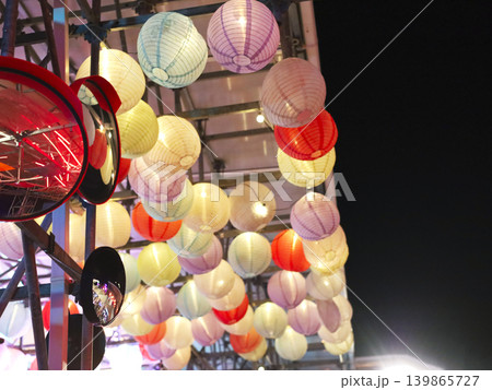 Colorful paper lanterns glowing across night sky Colorful paper lanterns glowing across night sky 139865727