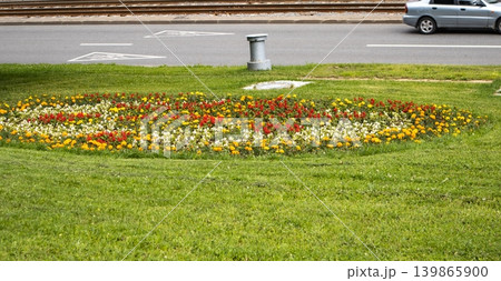 Round flower bed on a green grass lawn on the background of a road with a car, urban landscape Round flower bed on a green grass lawn on the background of a road with a car, urban landscape 139865900