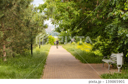 A path for walking in a city park with sunlight and shadows. Silhouette of an unrecognizable passerby, view from the back 139865901