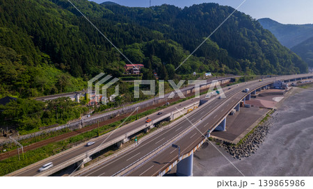 山肌に沿って並走する北陸自動車道と鉄道（親不知・空撮） 139865986