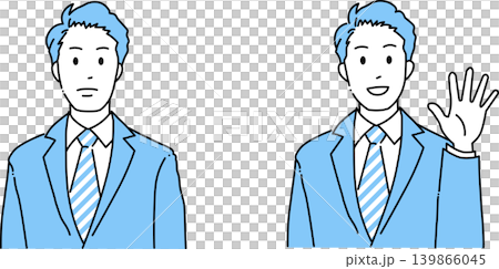 A set of simple line art illustrations featuring a businessman greeting someone and another businessman facing forward. A set of simple line art illustrations featuring a businessman greeting someone and another businessman facing forward. 139866045