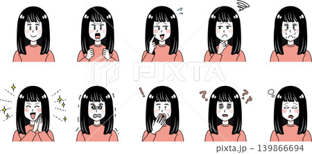 女の子の表情セット｜喜怒哀楽10種類｜黒髪｜シンプル線画 139866694