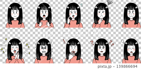 女の子の表情セット｜喜怒哀楽10種類｜黒髪｜シンプル線画 139866694