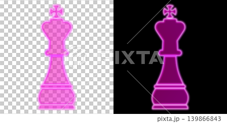 Glowing purple neon chess king piece, available with transparent and black backgrounds, decorative icon material. 139866843