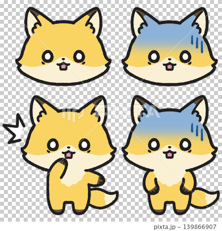 A set of illustrations of foxes with surprised, shocked, and astonished expressions. 139866907