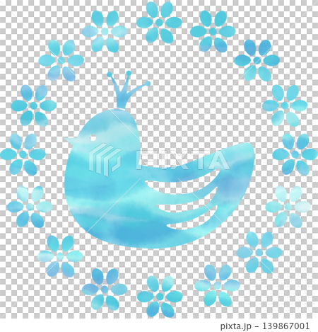 綺麗な水彩模様の王冠鳥と花輪のアイコンのイメージのイラスト 綺麗な水彩模様の王冠鳥と花輪のアイコンのイメージのイラスト 139867001