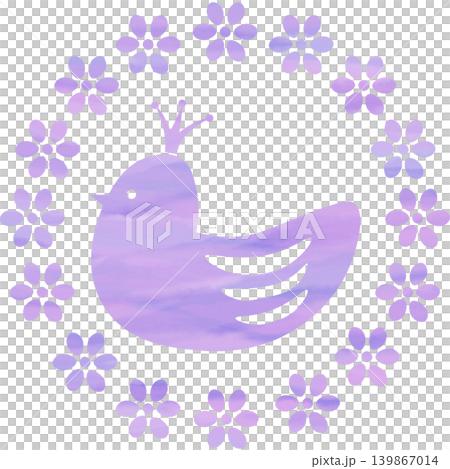 An illustration of a beautiful watercolor-patterned crowned bird and wreath icon. 139867014