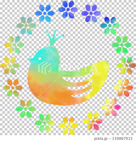 An illustration of a beautiful watercolor-patterned crowned bird and wreath icon. An illustration of a beautiful watercolor-patterned crowned bird and wreath icon. 139867015