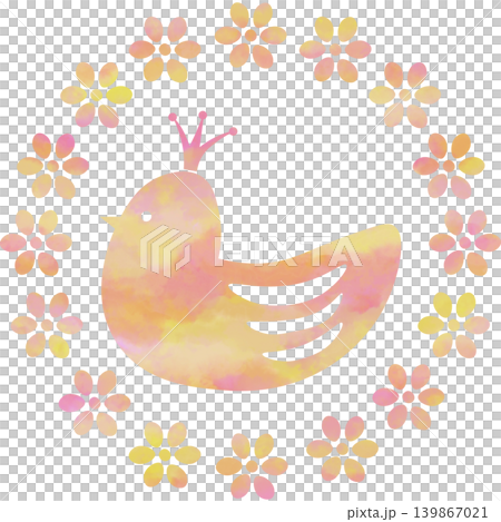 綺麗な水彩模様の王冠鳥と花輪のアイコンのイメージのイラスト 綺麗な水彩模様の王冠鳥と花輪のアイコンのイメージのイラスト 139867021