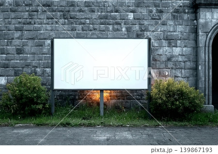 Wide format billboard in front of a stone wall. 139867193