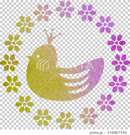 綺麗な水彩模様の王冠鳥と花輪のアイコンのイメージのイラスト 綺麗な水彩模様の王冠鳥と花輪のアイコンのイメージのイラスト 139867540