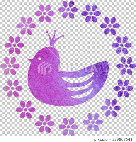 綺麗な水彩模様の王冠鳥と花輪のアイコンのイメージのイラスト 綺麗な水彩模様の王冠鳥と花輪のアイコンのイメージのイラスト 139867541
