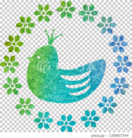 綺麗な水彩模様の王冠鳥と花輪のアイコンのイメージのイラスト 139867544