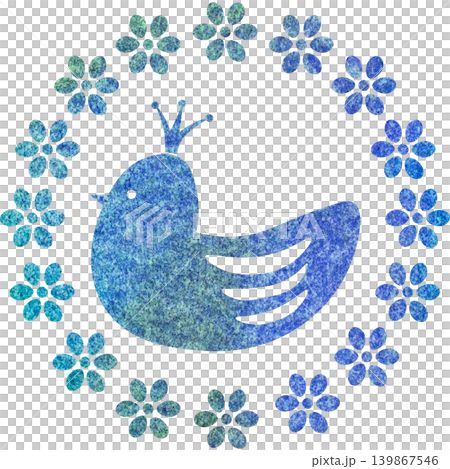 綺麗な水彩模様の王冠鳥と花輪のアイコンのイメージのイラスト 綺麗な水彩模様の王冠鳥と花輪のアイコンのイメージのイラスト 139867546