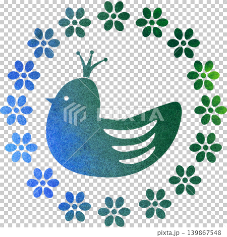 綺麗な水彩模様の王冠鳥と花輪のアイコンのイメージのイラスト 綺麗な水彩模様の王冠鳥と花輪のアイコンのイメージのイラスト 139867548