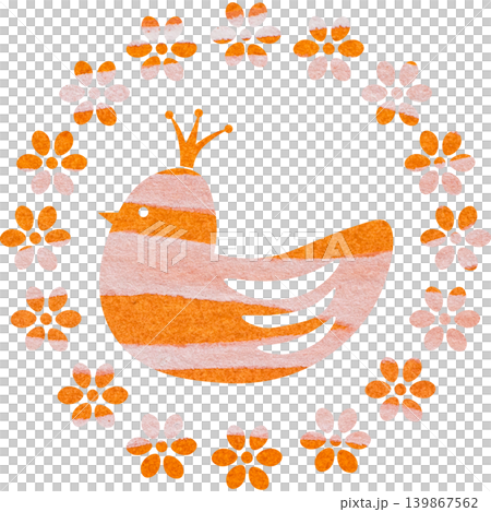 綺麗な水彩模様の王冠鳥と花輪のアイコンのイメージのイラスト 139867562