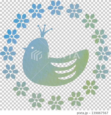 綺麗な水彩模様の王冠鳥と花輪のアイコンのイメージのイラスト 綺麗な水彩模様の王冠鳥と花輪のアイコンのイメージのイラスト 139867567