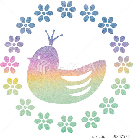 綺麗な水彩模様の王冠鳥と花輪のアイコンのイメージのイラスト 綺麗な水彩模様の王冠鳥と花輪のアイコンのイメージのイラスト 139867575