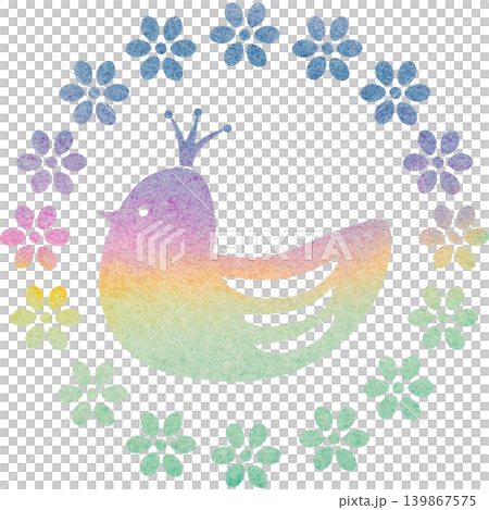 綺麗な水彩模様の王冠鳥と花輪のアイコンのイメージのイラスト 綺麗な水彩模様の王冠鳥と花輪のアイコンのイメージのイラスト 139867575