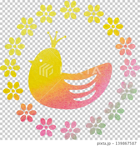 綺麗な水彩模様の王冠鳥と花輪のアイコンのイメージのイラスト 綺麗な水彩模様の王冠鳥と花輪のアイコンのイメージのイラスト 139867587
