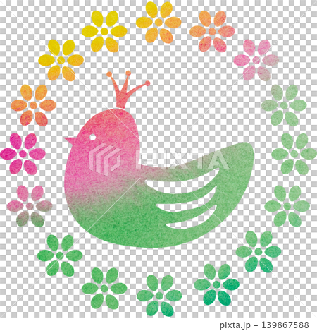 一幅精美的水彩圖案插圖，描繪了一隻戴著皇冠的鳥和花環圖標。 139867588