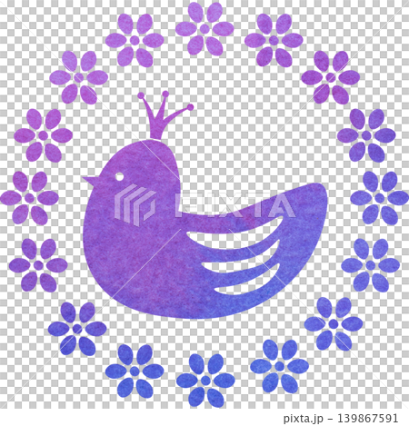 綺麗な水彩模様の王冠鳥と花輪のアイコンのイメージのイラスト 139867591